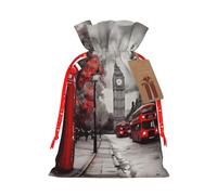 LHBWCVN Red London Street Christmas Drawstring Gift Bags with Tags, Xmas Gift Bags with Red Christmas Ribbon, Reusable Gift Wrapping Bag Fabric Goody Gift Sacks for Party Presents Decorations
