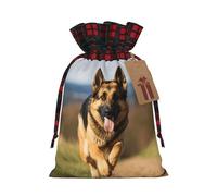 LHBWCVN Running german shepherd dog Christmas Drawstring Gift Bags with Tags, Buffalo Plaid Xmas Gift Bags Reusable Gift Wrapping Bag Christmas Fabric Goody Gift Sacks for Party Presents Decorations