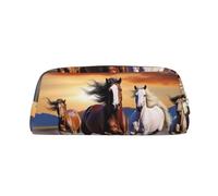 LHBWCVN Running Horses Pencil Case Large Capacity Pencil Pouch Aesthetic Pen Bag Leather Makeup Bag for Women Men Travel Toiletry Bags Zipper Cosmetic Bag Wide-open Coin Pouch Purse