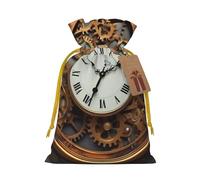 LHBWCVN Rusty Steampunk Clock Christmas Drawstring Gift Bags with Tags, Xmas Gift Bags with Yellow Christmas Ribbon, Reusable Gift Wrapping Bag Fabric Goody Gift Sacks for Party Presents Decorations
