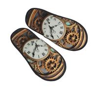 LHBWCVN Rusty Steampunk Clock Slipper Fuzzy Memory Foam House Slippers for Women Men Slip-on Warm Plush Trendy Bedroom Slippers Casual Indoor Outdoor House Shoes, Black, M