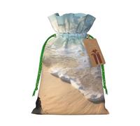 LHBWCVN Serene Coastal Christmas Drawstring Gift Bags with Tags, Christmas Gift Bags with Green Christmas Ribbon, Reusable Cloth Gift Bag, Gift Bags for