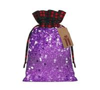 LHBWCVN Sparkling Purple Glitter Christmas Drawstring Gift Bags with Tags, Buffalo Plaid Xmas Gift Bags Reusable Gift Wrapping Bag Christmas Fabric Goody Gift Sacks for Party Presents Decorations