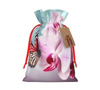 LHBWCVN Spring Orchid Butterfly Christmas Drawstring Gift Bags with Tags, Xmas Gift Bags with Red Ribbon, Reusable Gift Wrapping Bag Fabric Goody Gift Sacks for Party Presents Decorations