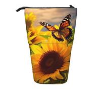 LHBWCVN Sunflower Butterfly Cosmetics Bag Standing Pencil Case Telescopic Pencil Bag Portable Pencil Holder Cute Stand up Pencil Pouch for Women Men Travel Coin Pouch Purse