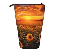 LHBWCVN Sunflower Field Sunset Sea of Flowers Cosmetics Bag Standing Pencil Case Telescopic Pencil Bag Portable Pencil Holder Cute Stand up Pencil Pouch for Women Men Travel Coin Pouch Purse