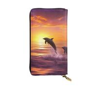 Lhbwcvn Sunset Dolphins Wallet For Women Men Clutch Rfid Blocking Leather Wallets Large Capacity Purse Credit Card Holder Money Case With Zipper Phone Holder Long Travel Purse, Black, One Size