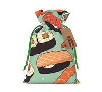 LHBWCVN Sushi Food Pattern Christmas Drawstring Gift Bags with Tags, Xmas Gift Bags with Green Christmas Ribbon, Reusable Gift Wrapping Bag Fabric Goody Gift Sacks for Party Presents Decorations