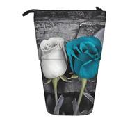 LHBWCVN Teal Gray Rose Cosmetics Bag Standing Pencil Case Telescopic Pencil Bag Portable Pencil Holder Cute Stand up Pencil Pouch for Women Men Travel Coin Pouch Purse