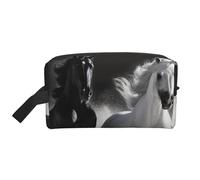 LHBWCVN Travel Toiletry Bag for Women Men Leather Makeup Bag Large Portable Travel Organizer Black and White Horses Running Cosmetic Bag with Hanging Hook Travel Bathroom Bag Zipper Pouch Purse,