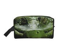 LHBWCVN Travel Toiletry Bag for Women Men Leather Makeup Bag Large Portable Travel Organizer Gator Lurking Green Cosmetic Bag with Hanging Hook Travel Bathroom Bag Zipper Pouch Purse, White, One Size
