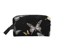 LHBWCVN Travel Toiletry Bag for Women Men Leather Makeup Bag Large Portable Travel Organizer Gold White Butterflies Black Cosmetic Bag with Hanging Hook Travel Bathroom Bag Zipper Pouch Purse, White,