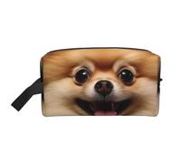 LHBWCVN Travel Toiletry Bag for Women Men Leather Makeup Bag Large Portable Travel Organizer Happy short-haired pomeranian Cosmetic Bag with Hanging Hook Travel Bathroom Bag Zipper Pouch Purse, White,