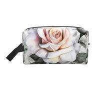 LHBWCVN Travel Toiletry Bag for Women Men Leather Makeup Bag Large Portable Travel Organizer White Watercolor Floral Rose Cosmetic Bag with Hanging Hook Travel Bathroom Bag Zipper Pouch Purse, White,