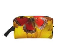 LHBWCVN Travel Toiletry Bag for Women Men Leather Makeup Bag Large Portable Travel Organizer Yellow Sunflowers with Red Butterfly Cosmetic Bag with Hanging Hook Travel Bathroom Bag Zipper Pouch Purse,