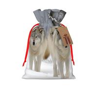 LHBWCVN two wolves walking in the snow Christmas Drawstring Gift Bags with Tags, Xmas Gift Bags with Red Ribbon, Reusable Gift Wrapping Bag Fabric Goody Gift Sacks for Party Presents Decorations