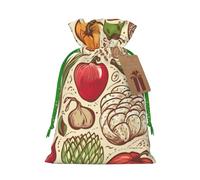 LHBWCVN Vegetable Fruit Christmas Drawstring Gift Bags with Tags, Xmas Gift Bags with Green Christmas Ribbon, Reusable Gift Wrapping Bag Fabric Goody Gift Sacks for Party Presents Decorations