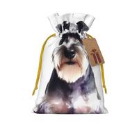 LHBWCVN Well-behaved schnauzer Christmas Drawstring Gift Bags with Tags, Xmas Gift Bags with Yellow Christmas Ribbon, Reusable Gift Wrapping Bag Fabric Goody Gift Sacks for Party Presents Decorations