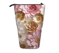 LHBWCVN White Gold Flowers Cosmetics Bag Standing Pencil Case Telescopic Pencil Bag Portable Pencil Holder Cute Stand up Pencil Pouch for Women Men Travel Coin Pouch Purse