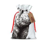 LHBWCVN Wildlife Hand Drawn Bear Animal Christmas Drawstring Gift Bags with Tags, Xmas Gift Bags with Red Ribbon, Reusable Gift Wrapping Bag Fabric Goody Gift Sacks for Party Presents Decorations