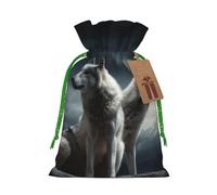 LHBWCVN wolf at night Christmas Drawstring Gift Bags with Tags, Xmas Gift Bags with Green Christmas Ribbon, Reusable Gift Wrapping Bag Fabric Goody Gift Sacks for Party Presents Decorations