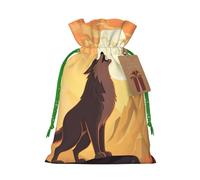 LHBWCVN Wolf Christmas Drawstring Gift Bags with Tags, Xmas Gift Bags with Green Christmas Ribbon, Reusable Gift Wrapping Bag Fabric Goody Gift Sacks for Party Presents Decorations