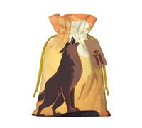 LHBWCVN Wolf Christmas Drawstring Gift Bags with Tags, Xmas Gift Bags with Yellow Christmas Ribbon, Reusable Gift Wrapping Bag Fabric Goody Gift Sacks for Party Presents Decorations