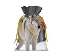 LHBWCVN wolf in the snow Christmas Drawstring Gift Bags with Tags, Xmas Gift Bags with Yellow Christmas Ribbon, Reusable Gift Wrapping Bag Fabric Goody Gift Sacks for Party Presents Decorations