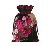 LHBZXMKJ Blooming Flowers Black Print Christmas Gifts Bags Plaid Drawstring Bags Christmas Sack Bags for Party Favors