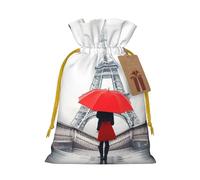 LHBZXMKJ Eiffel Tower with Red Umbrella Print Drawstring Present Bags Christmas gifts Wrapping Sacks Pouches for Xmas Party