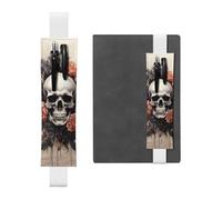 LHCVSFGW Elastic Pen Holder for Notebook Bookmark PU Leather Pencil Holder with Adjustable Band Pen Sleeve Pouch Ancient skull and flowers Pencil Case Pencil Pouch for Planners Binders Books