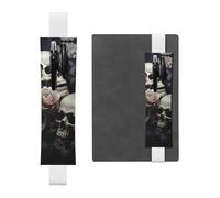 LHCVSFGW Elastic Pen Holder for Notebook Bookmark PU Leather Pencil Holder with Adjustable Band Pen Sleeve Pouch Black and White Flowers and Skull Pencil Case Pencil Pouch for Planners Binders Books