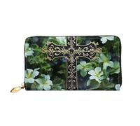 LHCVSFGW Leather Wallet for Women Men Bifold Wallet Ultra Slim Credit Card Holder Black cross among green flowers Ladies Clutch Purse, Black, One Size