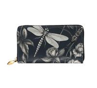 LHCVSFGW Leather Wallet for Women Men Bifold Wallet Ultra Slim Credit Card Holder Black flowers and dragonfly Ladies Clutch Purse, Black, One Size