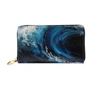 LHCVSFGW Leather Wallet for Women Men Bifold Wallet Ultra Slim Credit Card Holder Blue Wave Painting Ladies Clutch Purse, Black, One Size