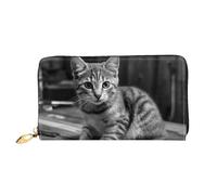 LHCVSFGW Leather Wallet for Women Men Bifold Wallet Ultra Slim Credit Card Holder Cat on Wooden Table Ladies Clutch Purse, Black, One Size