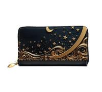 LHCVSFGW Leather Wallet for Women Men Bifold Wallet Ultra Slim Credit Card Holder Golden background and crescent moon Ladies Clutch Purse, Black, One Size