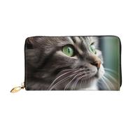 LHCVSFGW Leather Wallet for Women Men Bifold Wallet Ultra Slim Credit Card Holder Gray Cat with Green Eyes Ladies Clutch Purse, Black, One Size