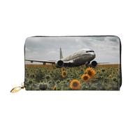 LHCVSFGW Leather Wallet for Women Men Bifold Wallet Ultra Slim Credit Card Holder Plane Flies to Sunflower Field Ladies Clutch Purse, Black, One Size