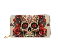 LHCVSFGW Leather Wallet for Women Men Bifold Wallet Ultra Slim Credit Card Holder Red rose sugar skull Ladies Clutch Purse, Black, One Size
