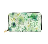 LHCVSFGW Leather Wallet for Women Men Bifold Wallet Ultra Slim Credit Card Holder Watercolor Green Flowers Ladies Clutch Purse, Black, One Size