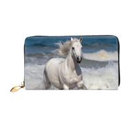 LHCVSFGW Leather Wallet for Women Men Bifold Wallet Ultra Slim Credit Card Holder White horse running on the sea Ladies Clutch Purse, Black, One Size