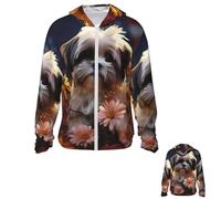 LHCVSFGW Shih Tzu dog and flowers Sun Protection Hoodie Jacket Full Zip Long Sleeve Fishing Shirts With Pockets Sun Shirts, Black, Medium