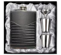 LHD HOME Hip Flasks for Men Leather Hip Flask Gift Set,Hip Flask 304 Stainless Steel Flask Set w/Funnel Shot Glasses Gift for Whiskey Rum Groomsman Best Man Usher Wedding-Leather Stripe Black-8oz