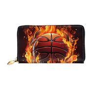 LHDGBNV Basketball Logo With Flames Leather Wallets For Women Waterproof Zip Around Clutch Purses Large Credit Card Holder With Phone Holder Ladies Travel Coin Purse, Black, One Size, Casual