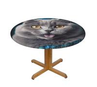 LHDGBNV Blue Cat Sticking Out Tongue Round Spandex Tablecloth 43 Inch, Elastic Fitted Waterproof Tablecloths Stretch Washable Picnic Table Cover for Camping, Dining, Indoor and Outdoor