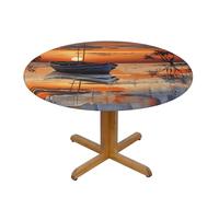 LHDGBNV Boat On The Beach At Sunset Round Spandex Tablecloth 40 Inch, Elastic Fitted Waterproof Tablecloths Stretch Washable Picnic Table Cover for Camping, Dining, Indoor and Outdoor