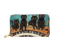 LHDGBNV Cats Lying On The Piano Leather Wallets For Women Waterproof Zip Around Clutch Purses Large Credit Card Holder With Phone Holder Ladies Travel Coin Purse, Black, One Size, Casual
