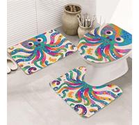 LHDGBNV Colorful Octopus Bathroom Rug Set - 3 Piece Non Slip Shower Mats with U-Shaped Contour Toilet Mat, Absorbent Microfiber Bath Mats Washable Bathroom Floor Mats for Tub Shower Room Decor