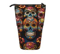 LHDGBNV Colorful Sugar Skulls Telescopic Pencil Case,Cute Stand Pencil Bag Pop Up Pen Holder Cosmetics Bags Desk Stationery Case For Office Supplies